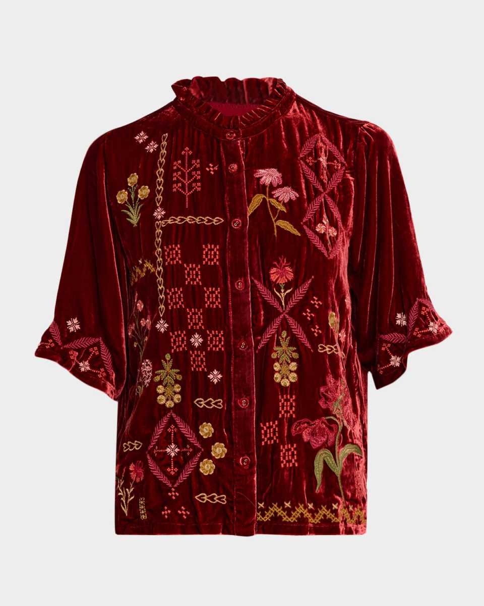 Floral-Embroidered Velvet Shirt